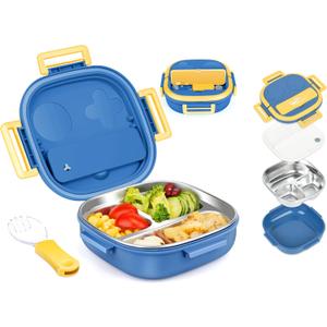 Tiny Mini Small Bento Box or Snack Box with Removable Stainless Steel 3-Compartment & Cutlery For Baby 0-24 Months LeakProof,Dishwasher Safe & BPA-Free,Daycare,Preschool,Travel(Blue,Not Insulated)