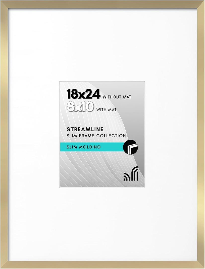 Americanflat 18x24 Poster Frame with Polished Plexiglass - Use as 8x10 Frame with Mat or Display 18x24 Photo Without Mat - Streamline Collection - Thin Border Picture Frames for Wall - Gold