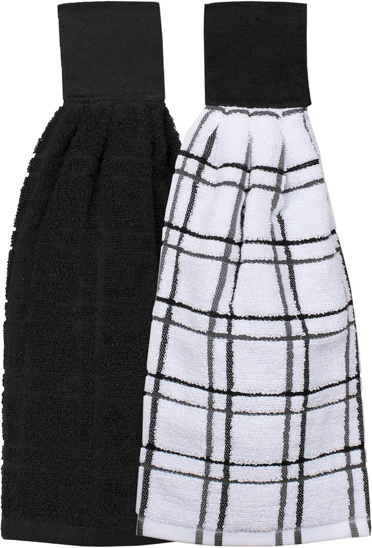 Ritz Premium 100% Cotton Solid and Multi Check Kitchen Tie Towel, Absorbent, Super Soft, and Fast Drying Hang Towel, Set of Two, Black