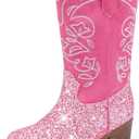 Cowgirl Boots for Girls Mid Calf Youth Girl Cowboy Western Boots Pointed Toe Embroidered for Horse Riding Country Party Toddler Little Big Kids (Pink Sequins)