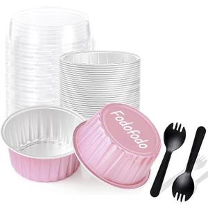 25PCS Round Mini Loaf Pans with Lids,Mini Cake Pans with Lids,Disposable Ramekins Baking Cups Muffin Tins Cupcake Cups for Birthday Party Wedding,5oz (Pink)