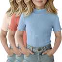 2 x 3 Pack Girls Shirts Short Sleeve Mock Turtleneck Cotton Cute Lettuce Trim Summer Tops 7-8Y Kids Clothes, (Mix Colors)