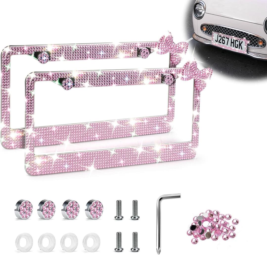 Bling License Plate Frames for Women, 2-Pack, Pink Stainless Steel License Plate Cover, Premium Handmade Lincense Plate Holder with Sparkly Rhinestone Caps, Bling Car Accessories for Women