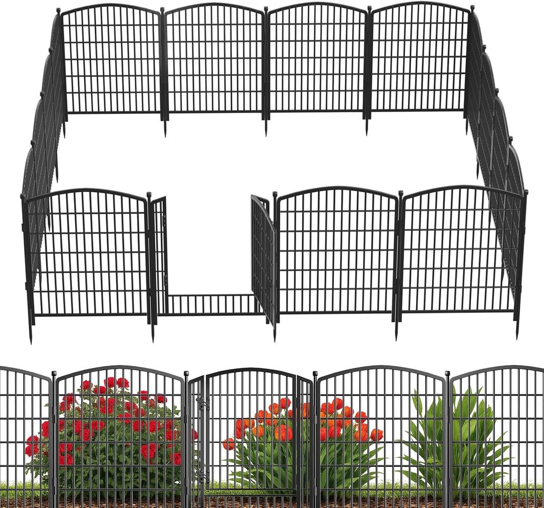 31in(H) x 26ft(L) No Dig Decorative Garden Fence with Gate, 12 Panels Rustproof Animal Barrier Metal Dog Fence Outdoor for Yard, Patio, Temporary Garden Fencing with Ground Stakes