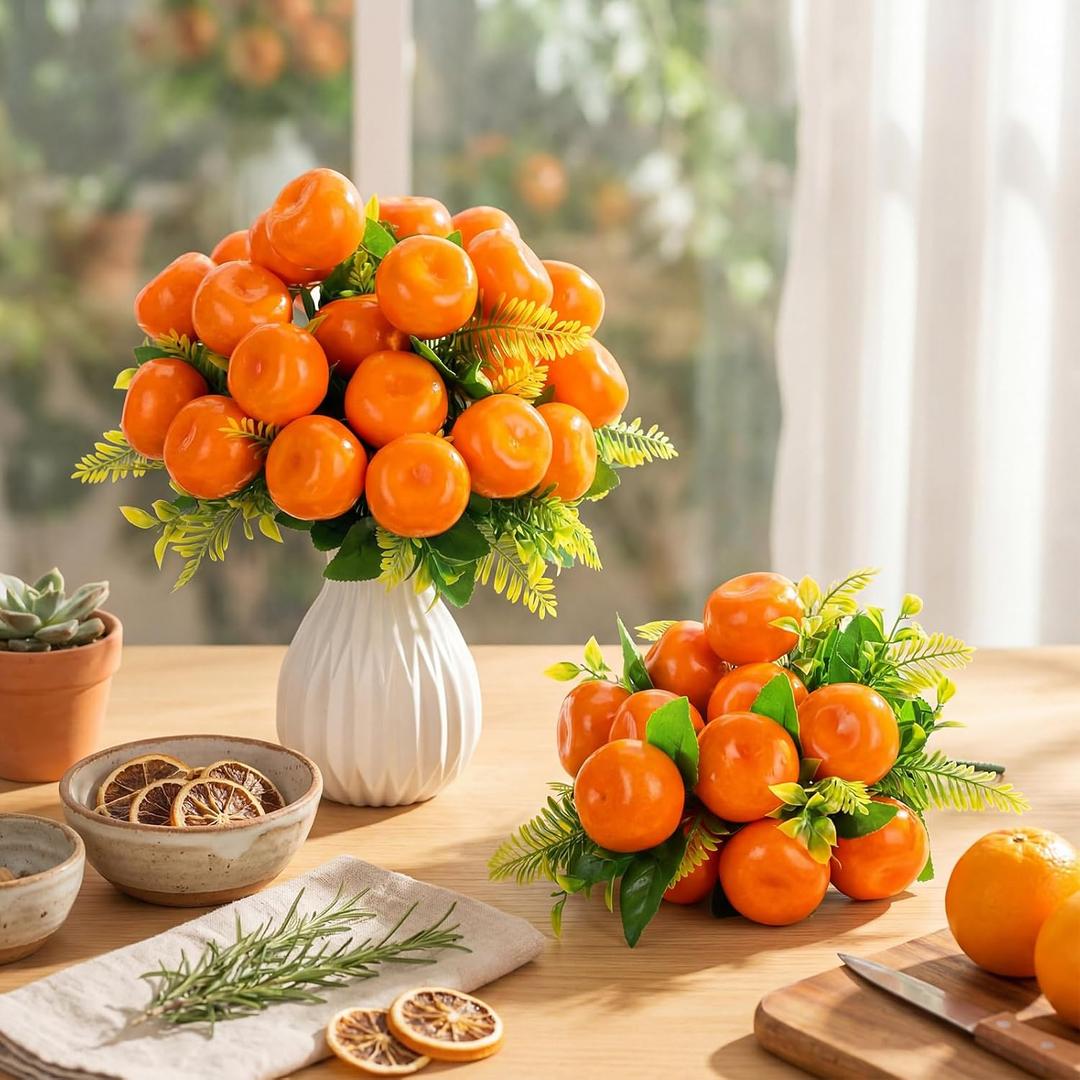 Daifunli 4 Pack 16 Inch Artificial Orange Branches with 12 Fruit Realistic Fake Orange Bouquet with Leaves Faux Fruit Flowers Table Centerpiece for Vase Home Party Wedding Decoration