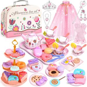 Tea Party Set for Little Girls, 63Pcs Pretend Play Toys, Princess Dress Up Tea Time, Tin Tea Sets for Toddlers 3-5 6 with Dessert, Carrying Case, Kids Kitchen Playset, Birthday Gift for Toddler Girls, Pink Floral