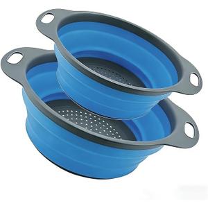 Collapsible Colander Set of 2, Folding Kitchen Strainers with Handles, SpaceSaving OvertheSink Drainers for Pasta, Veggies & Fruit, BPAFree, Dishwasher Safe, RV & Camping (Blue)