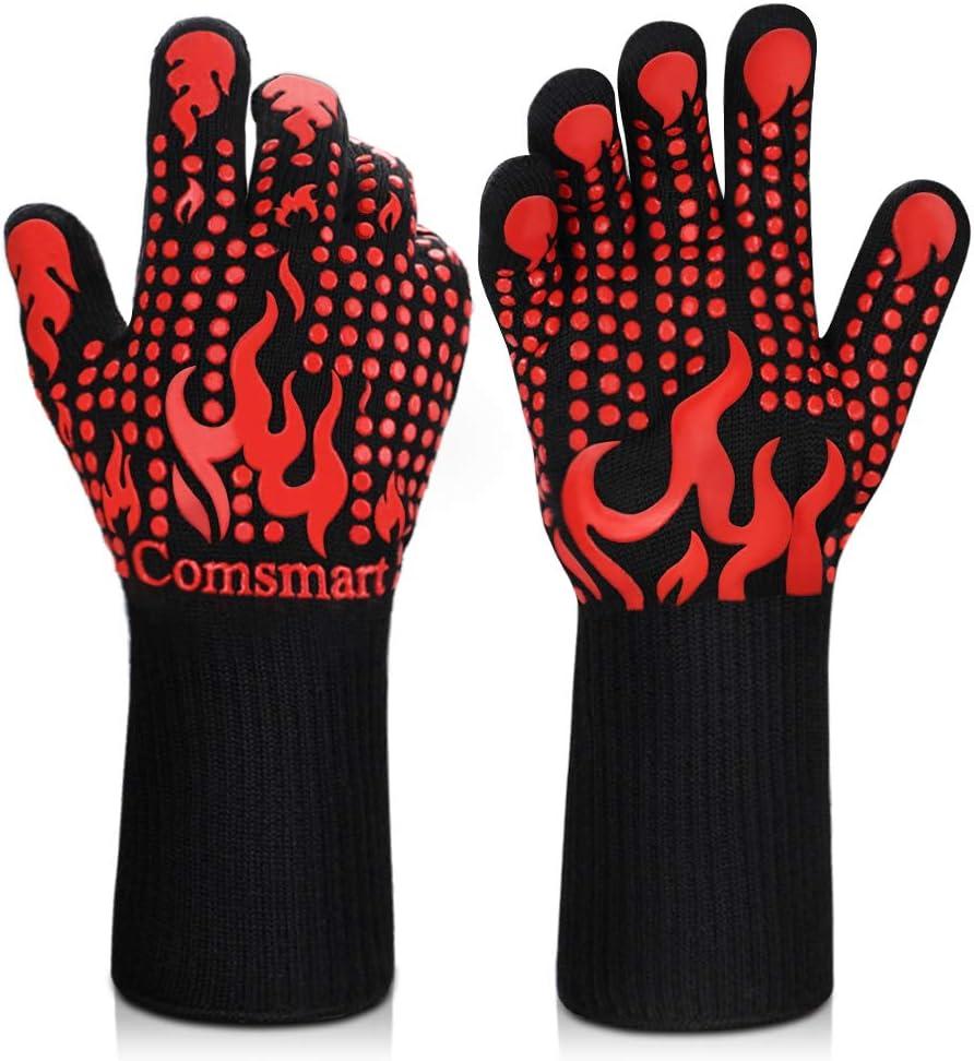 Comsmart BBQ Gloves, 1472 Degree F Heat Resistant Grilling Gloves Silicone Non-Slip Oven Gloves Long Kitchen Gloves for Barbecue, Cooking, Baking, Cutting (Red)