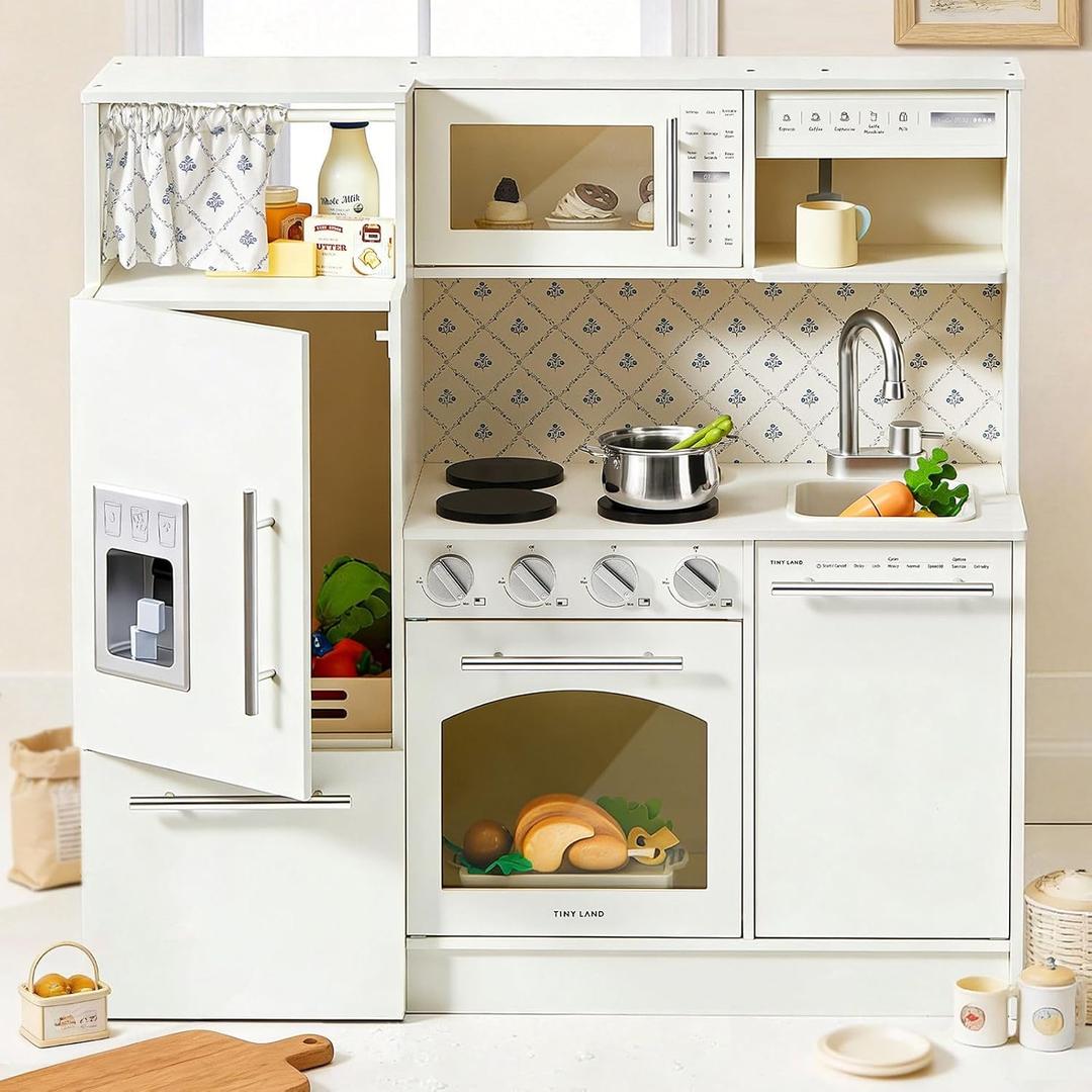 Tiny Land Play Kitchen for Kids, Upgraded Wooden Kitchen Toy with Complete Play Areas, Pretend Cooking Set with Sink, Stove, Microwave, Toy Coffee Station & Storage for Kids Ages 3+, 31.89 x 9.5 x 31.5 inches