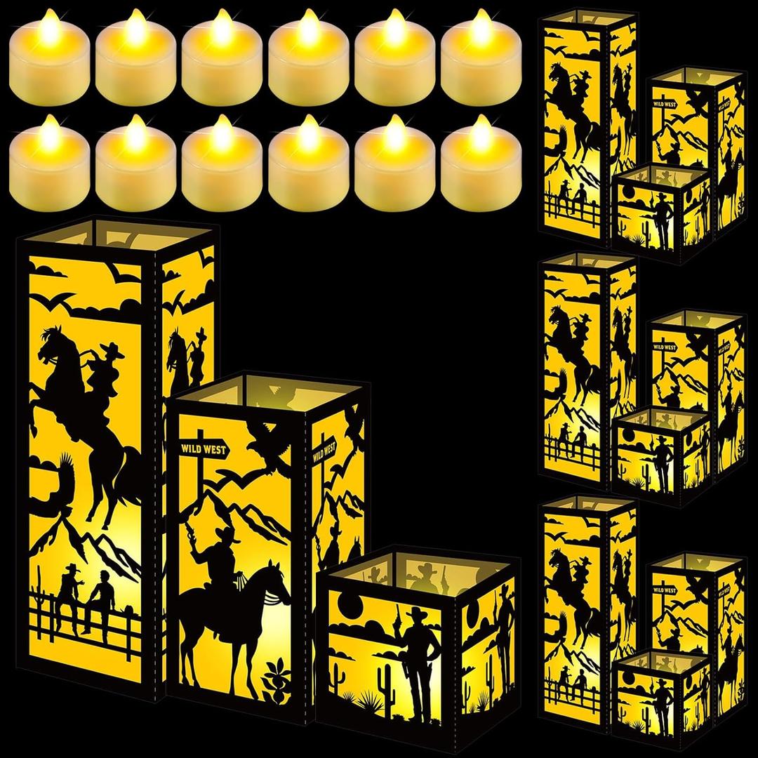 Rossesay 12 Pcs Western Cowboy Centerpieces for Table 3 Size Wild West Cowboy Paper Lantern Boxes Table Ideas Decorations for Western Cowgirl Rodeo Themed Party Decor Birthday Supplies Decorations (Lantern: Black, Light: Yellow)