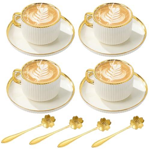 Cappuccino Cups Set of 4, 7oz Espresso Cups Set with Saucers and Spoons, Gold Trim Ceramic Coffee Tea Cups for Latte, Mocha, Au Lait, Dishwasher & Microwave Safe, Art Deco (Gold Striped/200ml)
