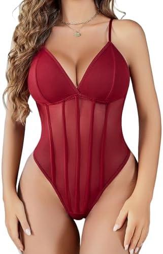 Avidlove Bodysuit for Women Sexy Lingerie Sleeveless Spaghetti Strap Cami Teddy , XXL, Red