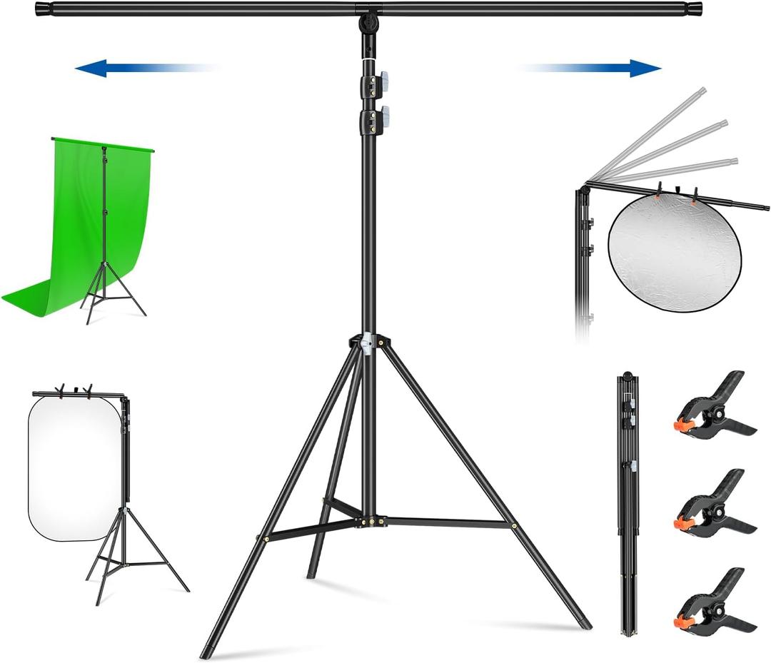 T-Shape Stand for Backdrop 7.2 x 6.8ft Multifunction Background Support Stand Kit Adjustable T Shape Background Holder with 3 Spring Clamps for Party, Photography, Video, Studio