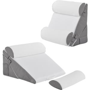 Bedluxe Adjustable 4pcs Bed Wedge Pillow Set, Memory Foam Wedge Pillows Post Surgery for Back, Neck, Leg Pain Relief, Pillow Wedge for Sleeping, Sitting up in Bed, Acid Reflux and GERD, White/Grey (Adjustable 9&12 Inch + 2 Head Pillow)