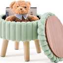 Wimarsbon Storage Ottoman,Soft Faux Fur Footstool with Padded Seat, Small Reading Vanity Chair, Footrest with Wood Tray for Couch, Mini Coffee Table or Display Stand (Light Green, Round Storage)