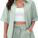 PEHMEA Women's 2 Piece Outfits Summer Cotton Linen Button Down Shirt Top High Waisted Shorts Set Tracksuit (Cyan)