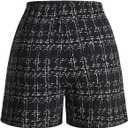 Women's Elegant Plaid Dress Shorts High Waisted Button Front Business Casual Shorts (Black, M)