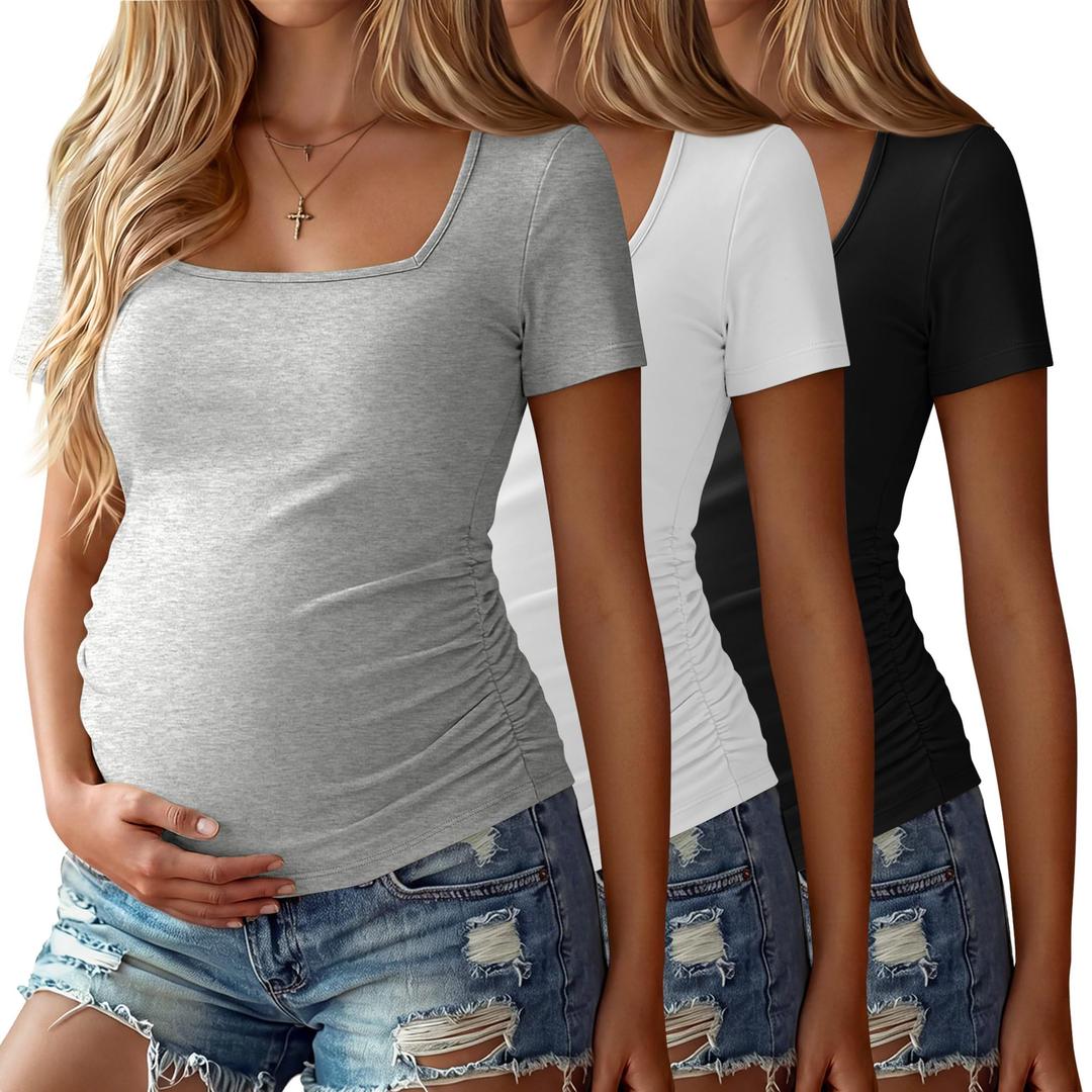 Baggyfly 3 Pack Womens Maternity Short Sleeve Shirts, 3-Color, X-Large (XL)