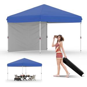10x10 Pop Up Canopy Tent Outdoor Canopy with 1 Removable Sidewall One-Person Set Up Heavy Duty Commercial Instant Tent Shelter-Blue