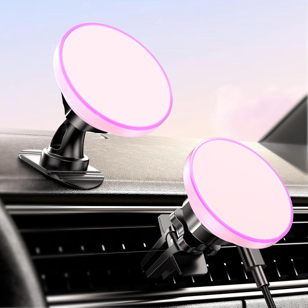 for Magsafe Car Mount Charger, [2025 Upgrade] 15W 2in1 Magnetic Wireless Car Charger, for Magsafe Car Charger, Vent/Dashboard Phone Holder, ONLY for iPhone 17 16 15 14 13 12 Series (Pink)