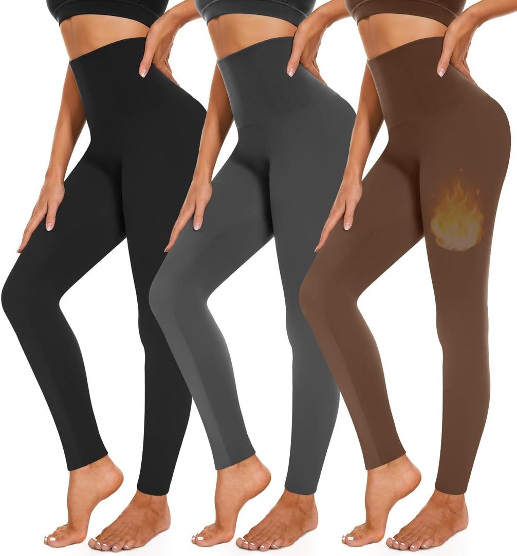 3 Pack Fleece Lined Leggings Women High Waisted Warm Winter Yoga Pants for Women Thermal Running Workout Leggings (Small-Medium, C-3pack Black/Grey/Brown)