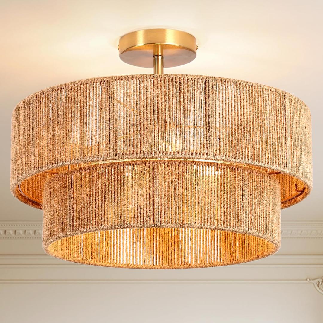18''Boho RattanCeiling LightHandwoven Semi Flush Mount Fixture for Bedroom,Living Room, Kitchen, Hallway, Dining Room