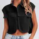 Tankaneo Womens Button Down Shirts Cute Summer Cap Sleeve Crop Tops Blouse (Black, XL)