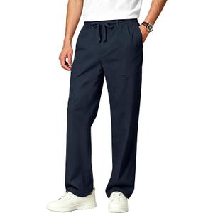 Mens Linen Pants Casual Elastic Waist Drawstring Pants Loose Straight Linen Pant Beach Trousers with 4 Pockets, Size 3XL