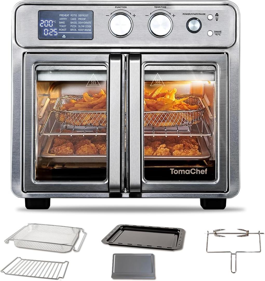 TomaChef 26QT French Door Air Fryer Toaster Oven Combo, 15 Cooking Functions including Rotisserie, and Digital Controls, 30 Recipes & 5 Accessories, Stainless Steel Finish, Medium