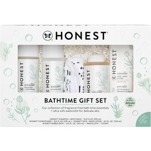 The Honest Company Fragrance-Free Bathtime Gift Set, Hypoallergenic, Bath Essentials for Sensitive Skin, Shampoo and Body Wash, Face Lotion, Bubble Bath, Conditioner, Wash Cloth