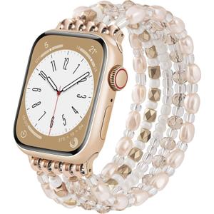 VISOOM Beaded Boho Bracelet For Apple Watch 10 Se(2nd Gen) Bands Women 42mm 41mm 40mm 38mm, Pearl Wrap For Cute Stretchy Fancy Apple iWatch iPhone Series 10 Se 9 8 7 6 5 4 3 2 1 Watch Straps Band (Champagne Gold)