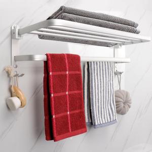 TocTen Towel Rack for Bathroom, Foldable Towel Holder with Double Towel Bars, Wall Mounted SUS304 Stainless Steel Bathroom Tower Shelf, Space-Saving Towel Hanger for Bathroom, Lavatory (Silver,24 in)