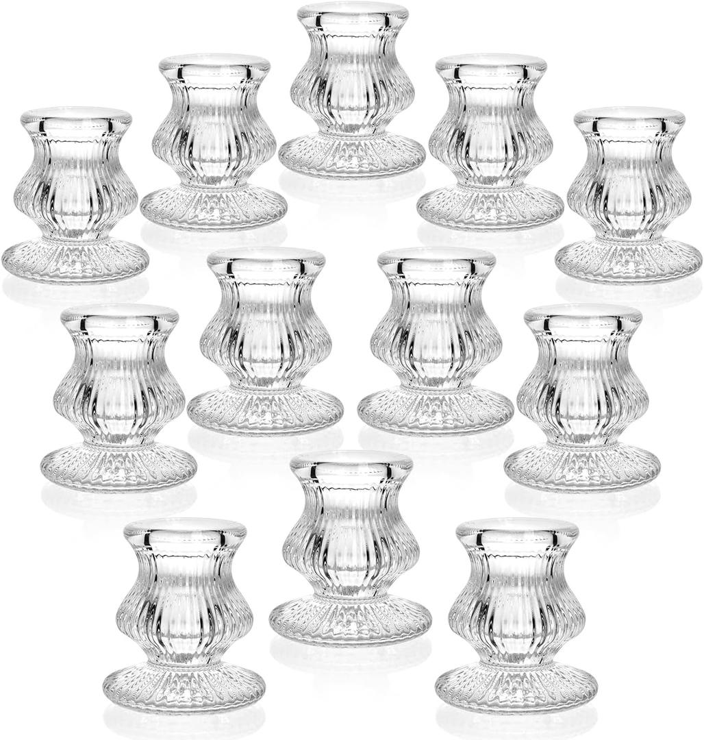 Glass Candlestick Holders, 12 Pack Table Candle Holders Bulk for Table Centerpiece, Clear Candle Sticks Holder for Wedding, Christmas and Festival Decoration