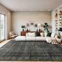 8x10 Vintage Washable Area Rug for Living Room,Low Pile Non Slip Carpet Non-Shedding Large Area Rug Soft Indoor Stain Resistant Rug Floral Print Mat for Bedroom Dining Room Black