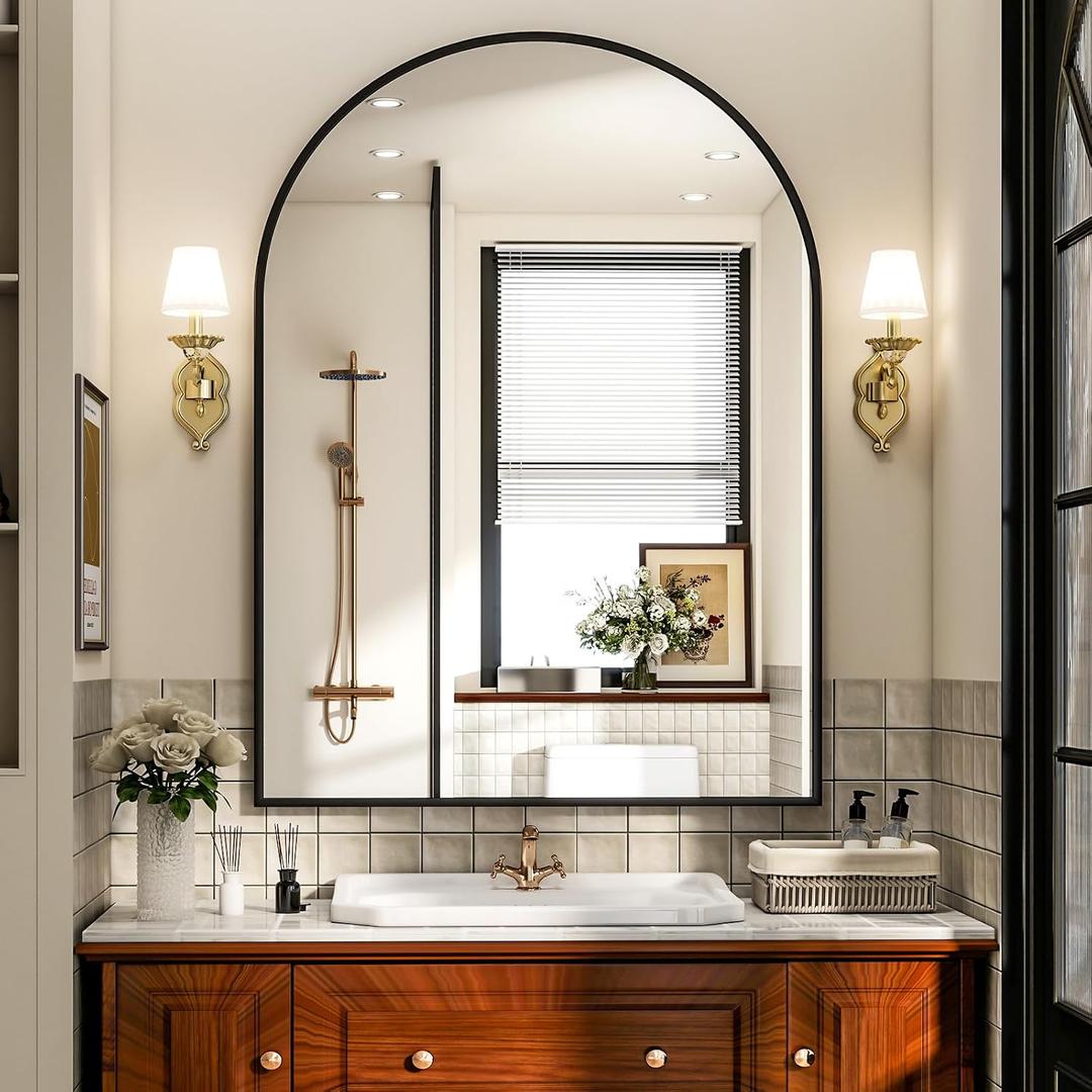 Arch Bathroom Mirror, 26x38 inch Arched Bathroom Mirror/Wall Mounted Vanity Mirror - Arch Metal Frame Wall Mirror for Bathroom Bedroom Living Room, Black