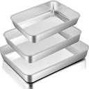 E-far Baking Pans Set of 3, Stainless Steel Sheet Cake Pan for Oven - 12.5/10.5/9.4Inch, Rectangle Bakeware Set for Cake Lasagna Brownie Casserole Cookie, Non-toxic & Healthy, Dishwasher Safe