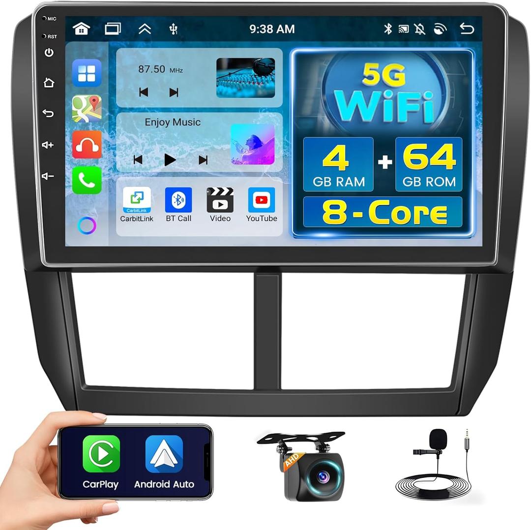 8 Core 4+64GB Android 15 Car Stereo for Subaru Forester Impreza WRX 2008-2012 Wireless Carplay Android Auto, 9'' Touchscreen Car Radio with GPS, WiFi, 32EQ DSP, 59 UI, Bluetooth, FM RDS, Backup Camera