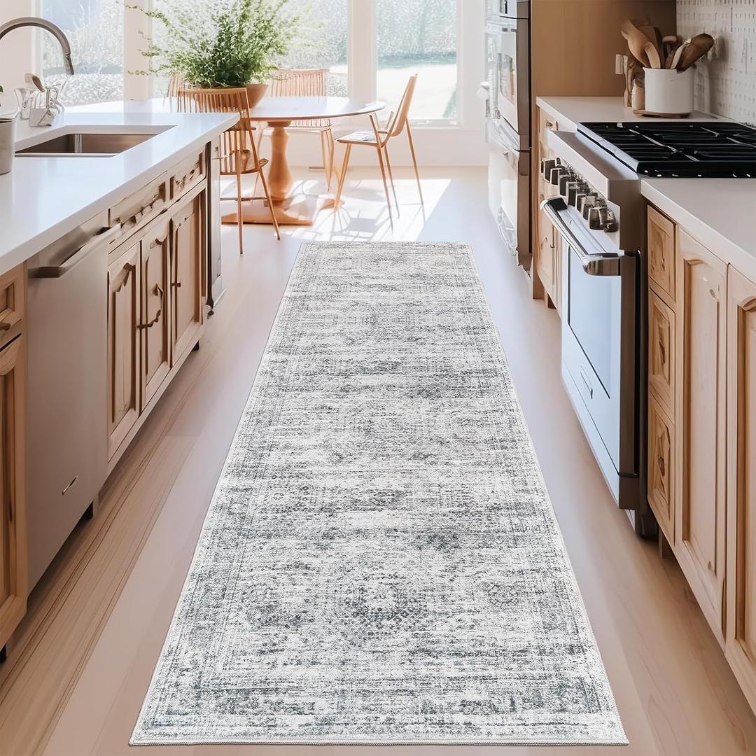 Kitchen Runner Rug Non Slip - 2.5 x 8 Runners for Hallways, Entryway, Bedroom, Washable Runner Rugs for Bathroom, Laundry Room, Low Pile Soft Vintage Area Rug(2.5'x8', Grey/Ivory)