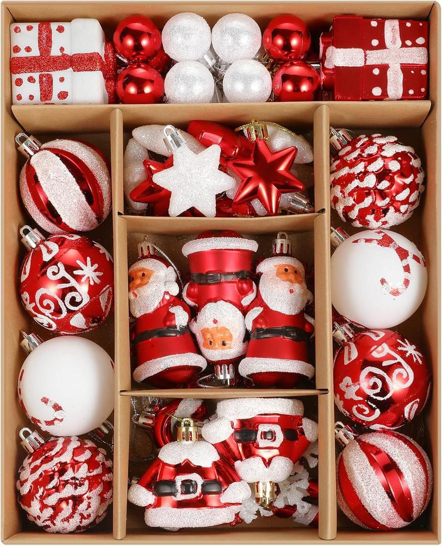 Christmas Ball Ornaments Set, 55 ct Red White Assorted Xmas Elements Theme Ornaments, Shatterproof Decorative Hanging Ball Ornaments for Holidays Party Wedding Christmas Tree Decoration (Santa Claus)