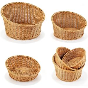 Set of 3 Rattan Bread Basket, 3 Sizes Stackable | Wicker Storage Bowls, Woven Serving Basket, Decorative Plastic Round Fruit Baskets, For Kitchen, Counter, Organizing