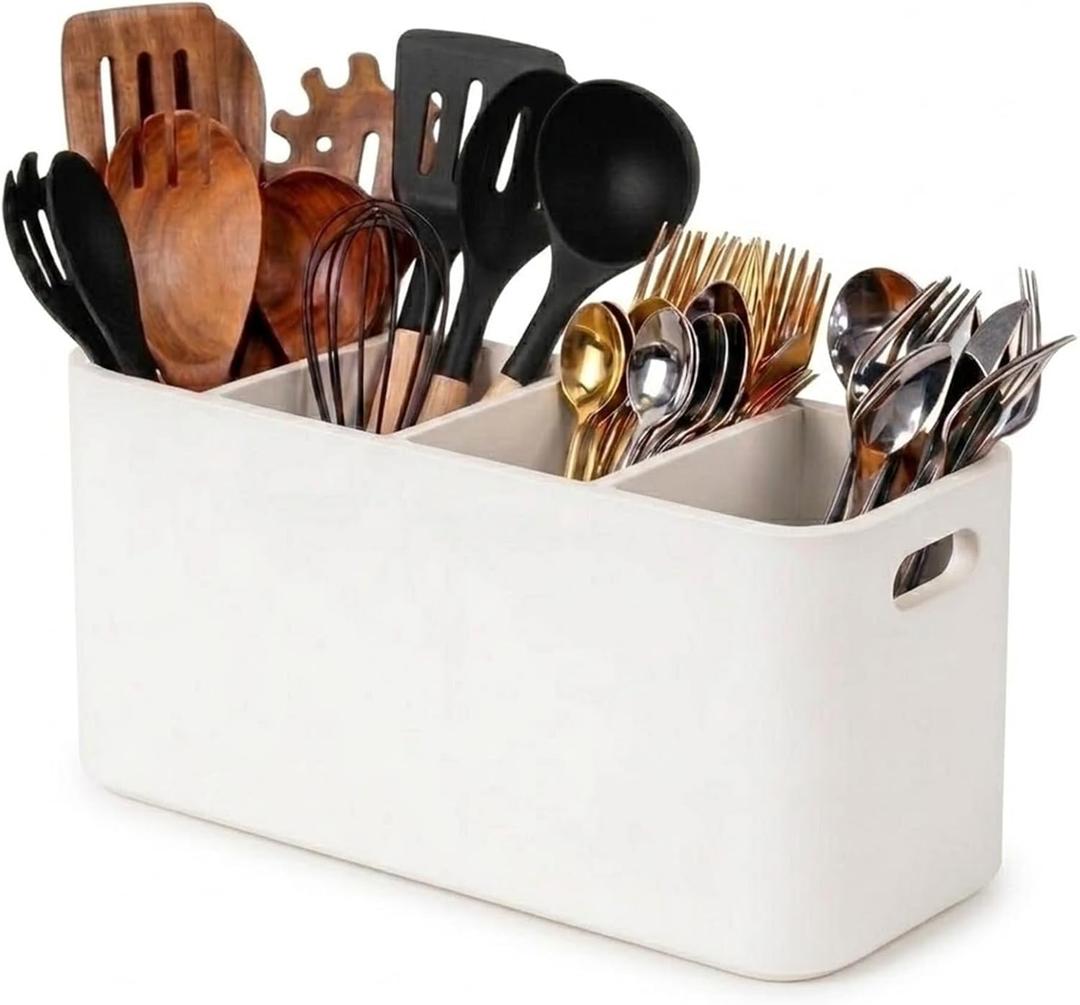 White Wooden Utensil Holder for Counter or Countertop - Extra Large 4 Compartment Wood Utensil Organizer, Painted Spatula Holder, Silverware Crock, Kitchen Utensil Storage