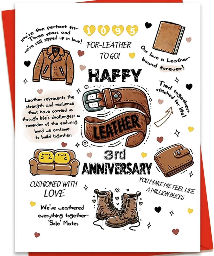 3rd Anniversary Card, Leather Anniversary Card for Husband Wife | 3 Year Wedding Anniversary Card Gift Decoration, 5 x 7 Inches with Envelopes and Stickers