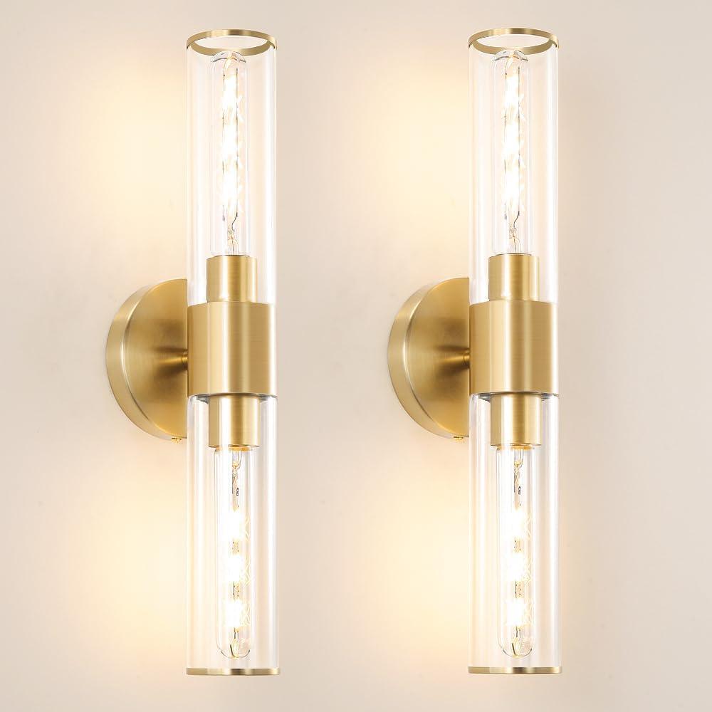 Gold Wall Sconces Set of 2, Hardwired Bathroom Vanity Light Fixture, Brass Sconce Wall Lighting, Modern Wall Light Set of Two, Cylinder Lamp for Bathroom Mirror Hallway Bedroom (Bulbs Required) (Clear Glass)