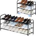 3-Tier Expandable Shoe Rack, Adjustable Width Shoe Organizer for Closet & Entryway, Extendable Metal Shoe Rack for Inside Closet, Space-Saving Shoe Storage Shelf Stand  Black