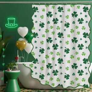 Frienda St. Patrick's Day Shower Curtain for Bathroom Decor Scalloped Green Clover Shamrock Irish Curtain Waterproof Fabric for St. Patty's Day Bathroom Decorations, Hooks Include, 72 x 72 Inch