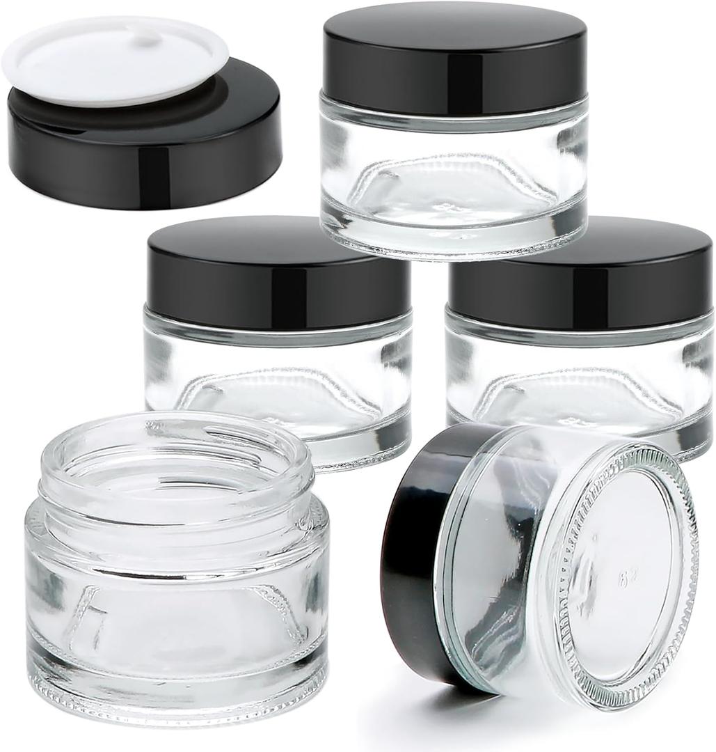 Glass Jars With Lids 2 oz 5 Pack - Clear Small Jar With Black Lids, Travel Containers With Inner Liners, Upgraded Mouth Design