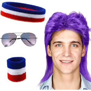 Chuangdi Mullet Wigs for Men 80s Retro Men's Mullet Wig with Patriotic Sunglasses & Wristband for Halloween Disco Style Party Costumes 4th of July Independence Day (Purple)