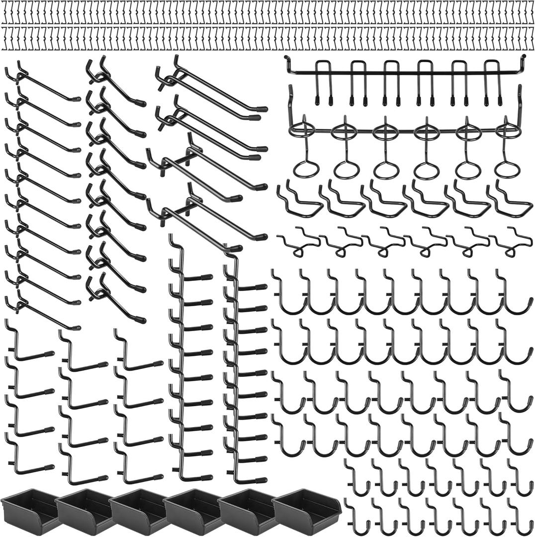 196 PCS Extra Thick 1/4" Pegboard Hooks Set, Heavy Duty Peg Board for Hanging Storage, Black Metal Pegboard Accessories with Pegboard Bins for Garage Wall Organizer