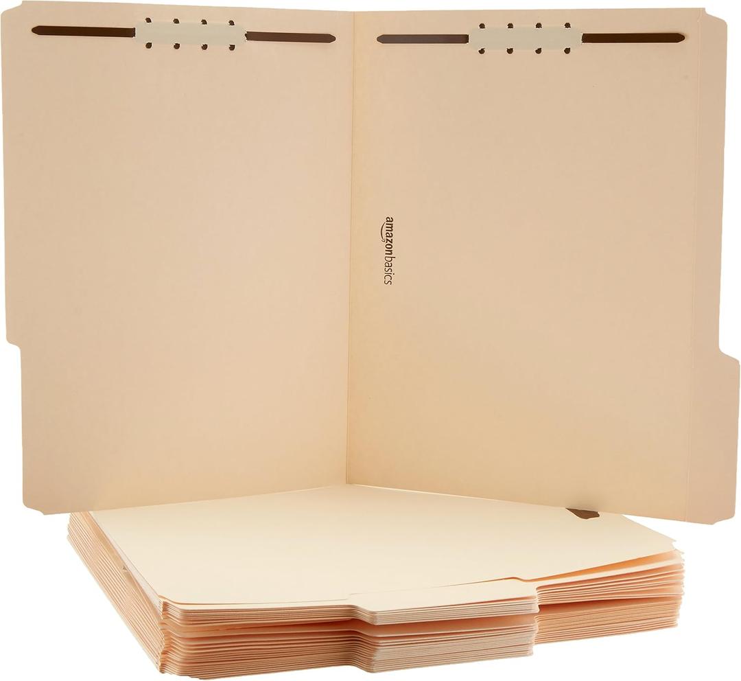 Amazon Basics Manila File Folders with Fasteners for Organized Filing, Letter Size, 100-Pack