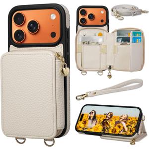 Keallce Case for iPhone 17 Pro 6.3'' Case Wallet, Crossbody Zipper Purse with RFID Blocking Card Slots Kickstand, Lanyard & Handstrap Flip Folio Leather Phone Cover for iPhone 17 Pro, Beige